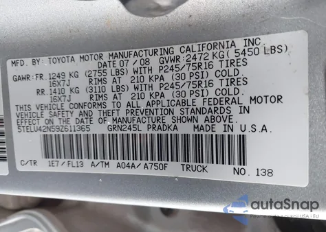 2009 Toyota Tacoma Base V6 from USA, damaged, VIN 5TELU42N59Z611365